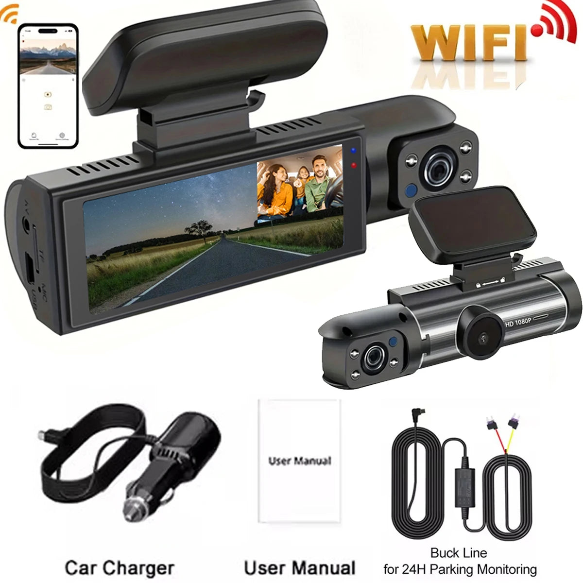 Dash Cam for cars 1080P Car DVR Video Recorder Dual car camera Front Inside View Camera Loop Recording WiFi Monitor Dashcam