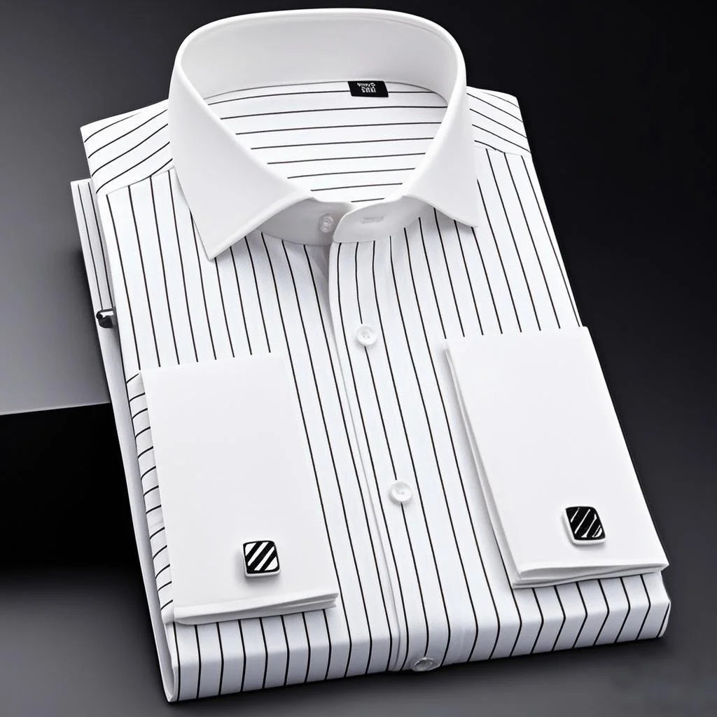 Men's French-style cufflink shirt, slim fit, suitable for business formal wear. A striped and fashionable men's top for white-co