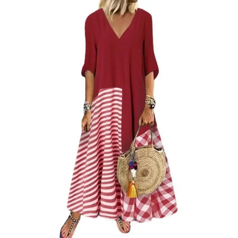 Women's S-5XL size Classic striped shirt dress casual and elegant V-neck short sleeved plain printed dress long casual dress