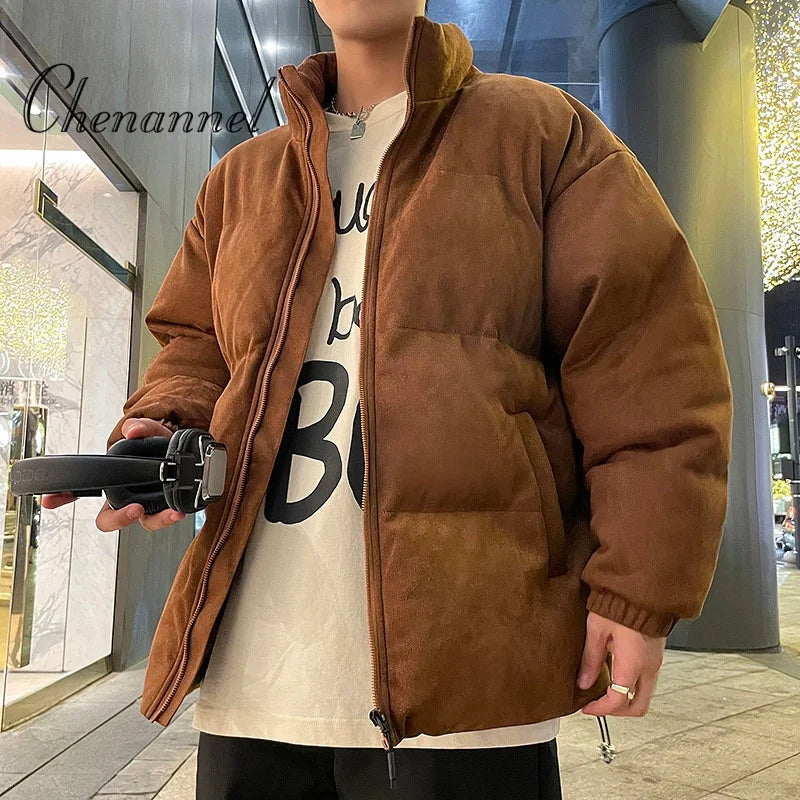 Men's Winter Loose Plus-sized Simple Stand-up Collar Cotton-padded Jacket Warm Thick Trendy Versatile Bottoms