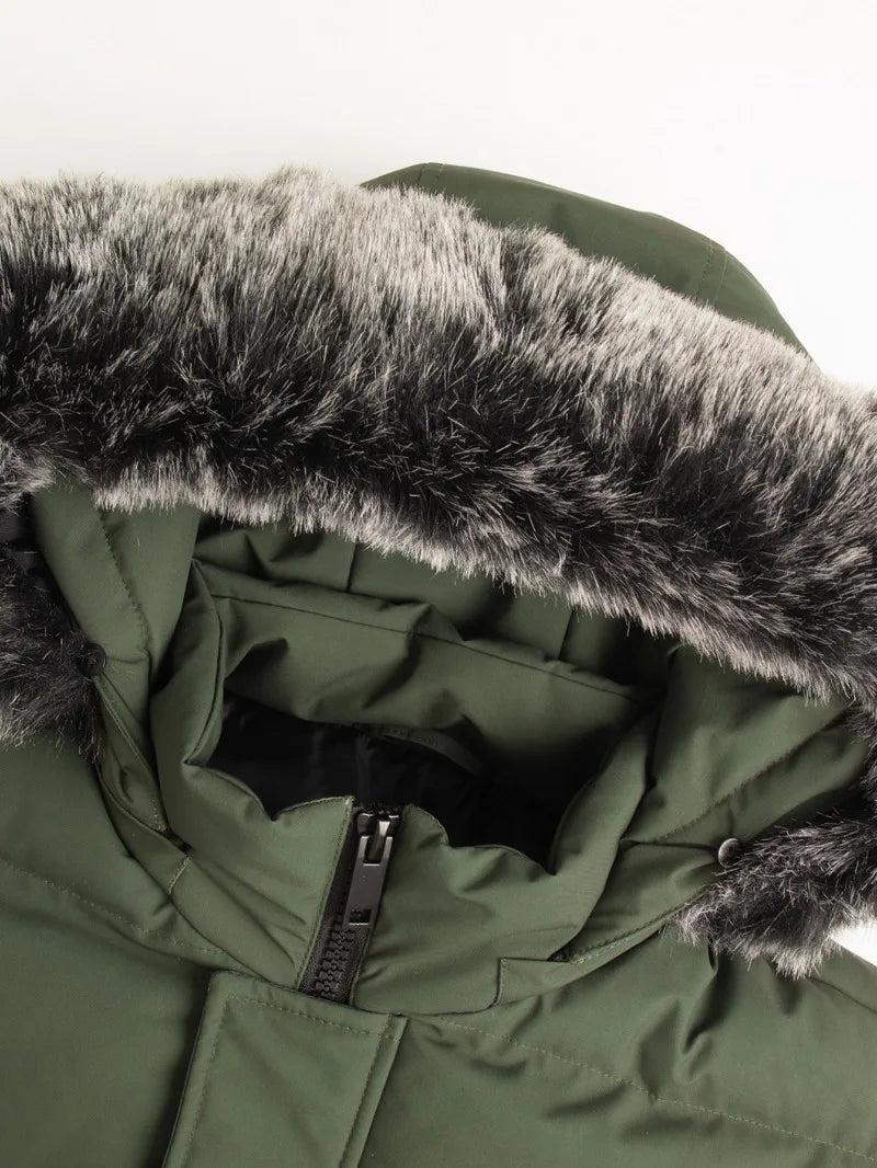 Winter Windproof Men's Faux Jacket Casual Polyester Coat with Detachable Hood Zip-Up Front Long Sleeves & Pockets Winter Clothes