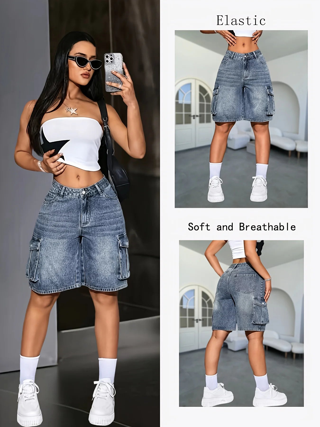 Women's Multi-Pocket Bermuda Blue Overalls