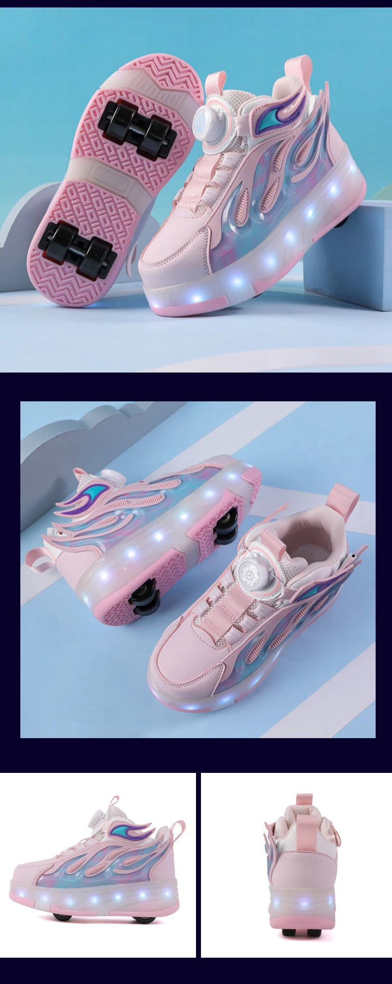 2025 New children's four-wheel novice light up rotary button automatic shrinkage fast walking shoes for boys sneakers