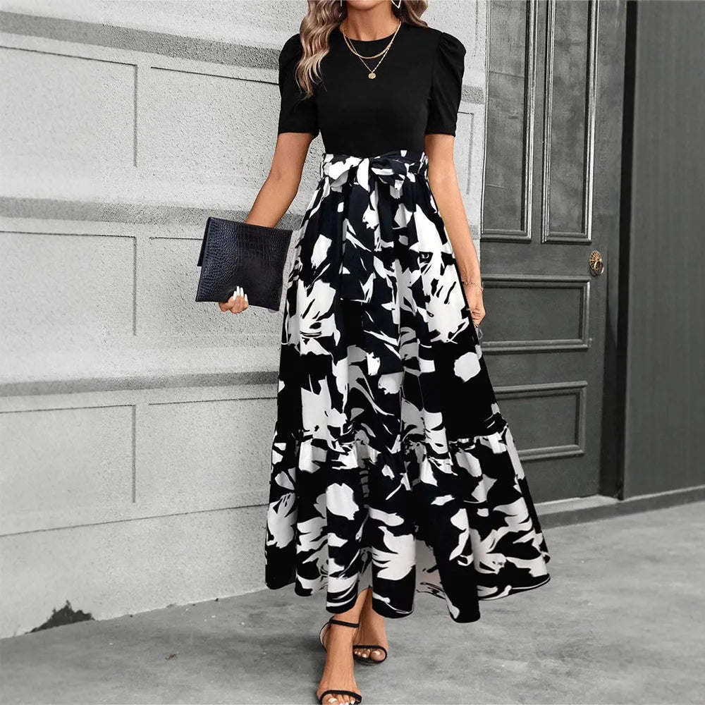Elegant Floral Print Round Neck Long Dresses Women Short Sleeve High Waist Lace-up Office Lady Holiday Party Dresses Vestidos