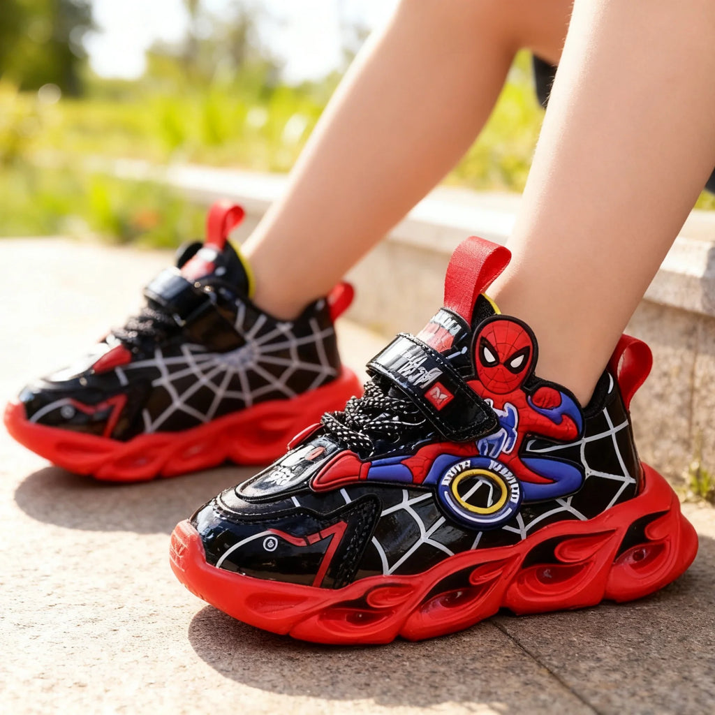 Boys Glowing Light Up Shoes Kids Leather Spider-Man Single Sneakers Kids LED Luminous Children's Shoes Kids Shiny Light Sneakers