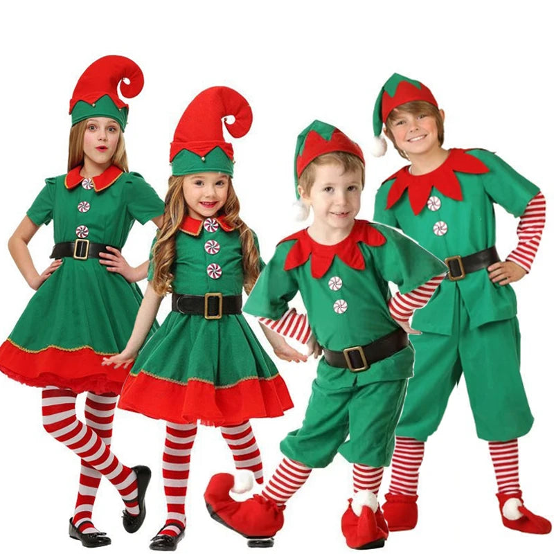 2026 New Year Green Elf Costume For Girl Boy Santa Claus Suit Set With Hat Children Christmas Party Performance Set