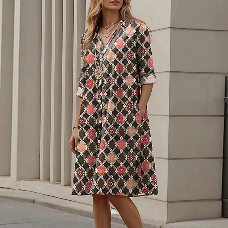 Vintage Printed Shirt Dress Women Casual Loose Straight Midi Dresses Plus Size Women Elegant Coforful Beach Party Dress 2024
