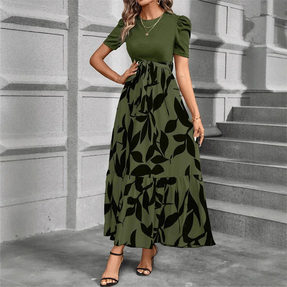 Elegant Floral Print Round Neck Long Dresses Women Short Sleeve High Waist Lace-up Office Lady Holiday Party Dresses Vestidos