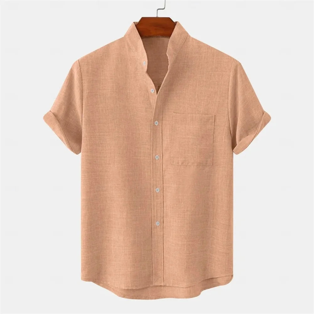 Summer new men's pure-color linen short-sleeved collared shirt - Casual enhanced version men's shirt - Fast shipping