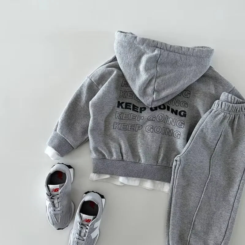 TZ23165 Autumn Winter New Korean Style Unisex Kids Hooded Zipper Long Sleeve Sweatshirt And Pants Two-Piece Set