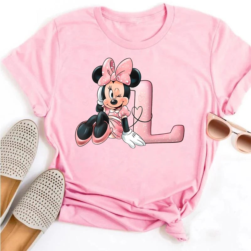 Disney Cartoon Minnie Mouse Letter A B C D E F Print Women Summer T Shirt Harajuku Casual Short Sleeves Pink Female Tshirts