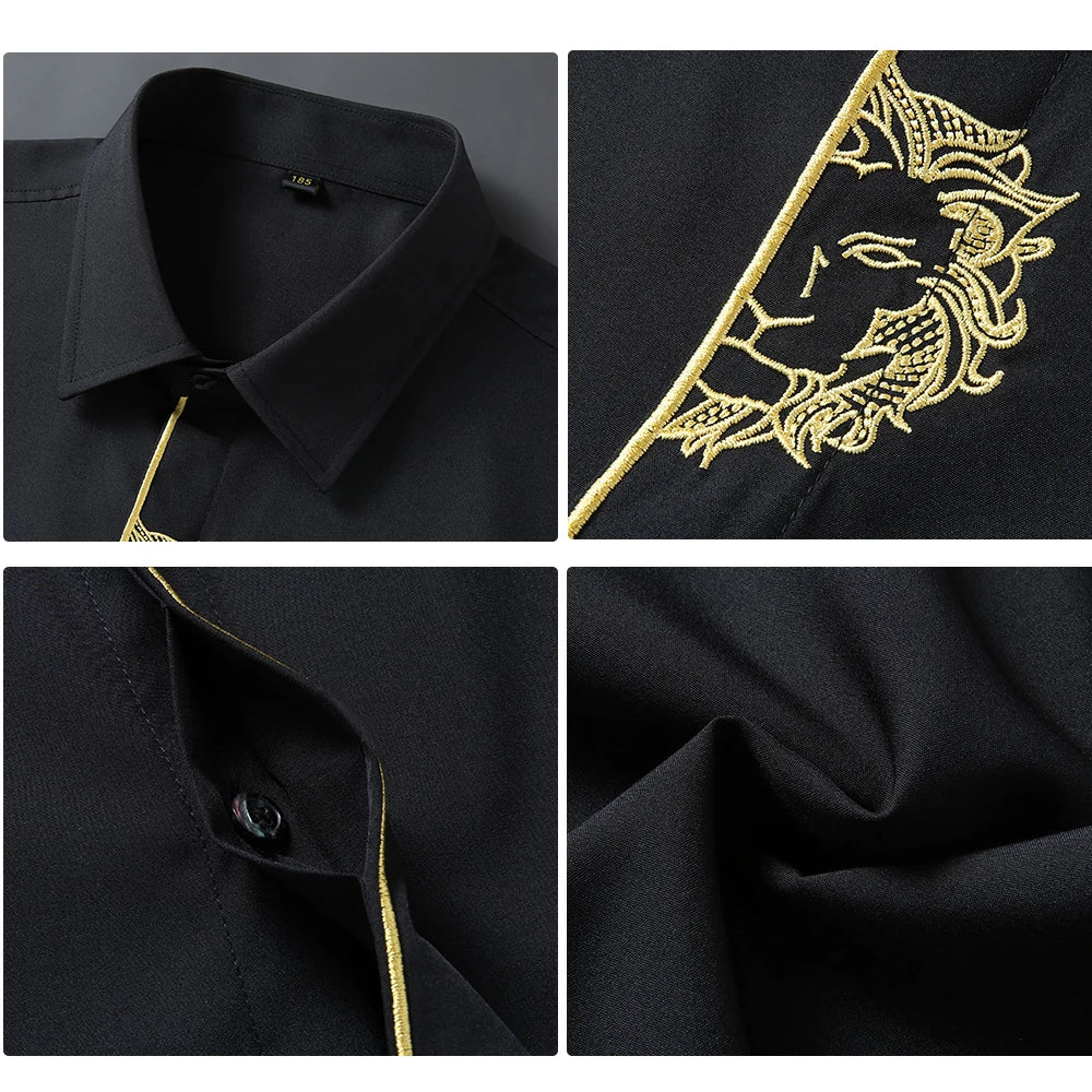 Upto 10XL Size Short Sleeve Embroidered Shirt Men's Casual Loose Oversized Black and White Short Sleeve Shirt Summer