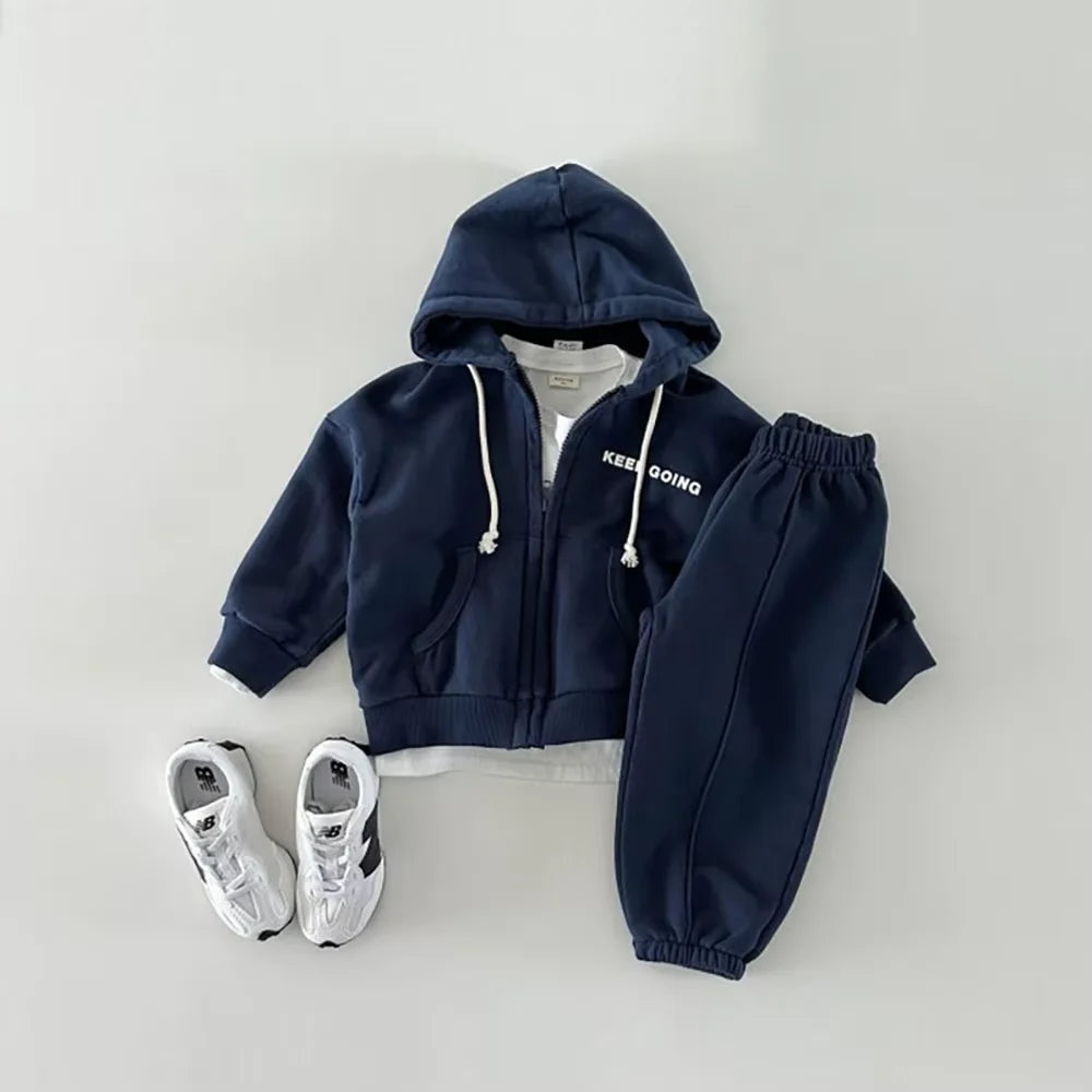 TZ23165 Autumn Winter New Korean Style Unisex Kids Hooded Zipper Long Sleeve Sweatshirt And Pants Two-Piece Set