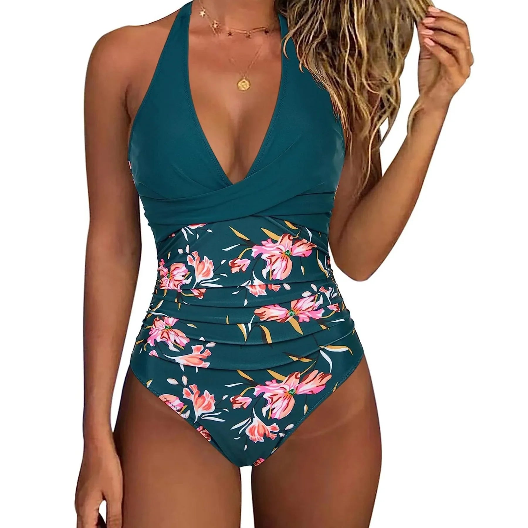 S - XXL Wrinkled Halter V Neck One Piece Swimsuit Women Swimwear Female Monokini Backless Bathing Suit Swim Beachwear Bodysuit