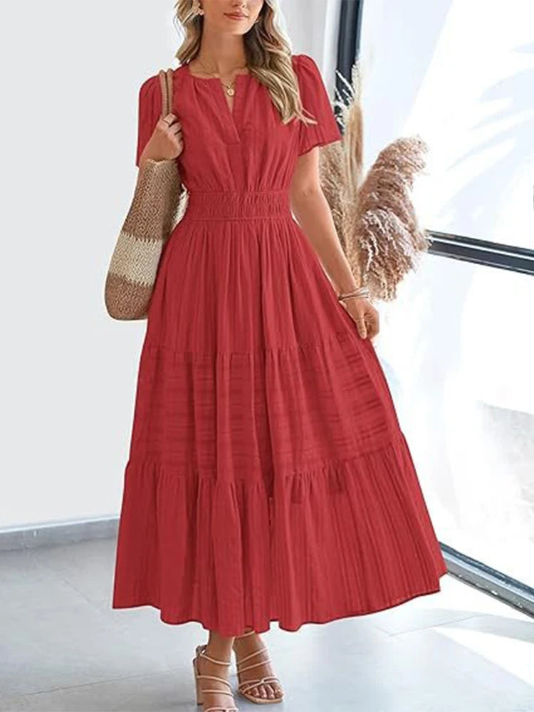 2025 Spring and Summer Cross border European and American Fashion Women's V-neck Folded Bubble Sleeve Layered Big Swing Dress