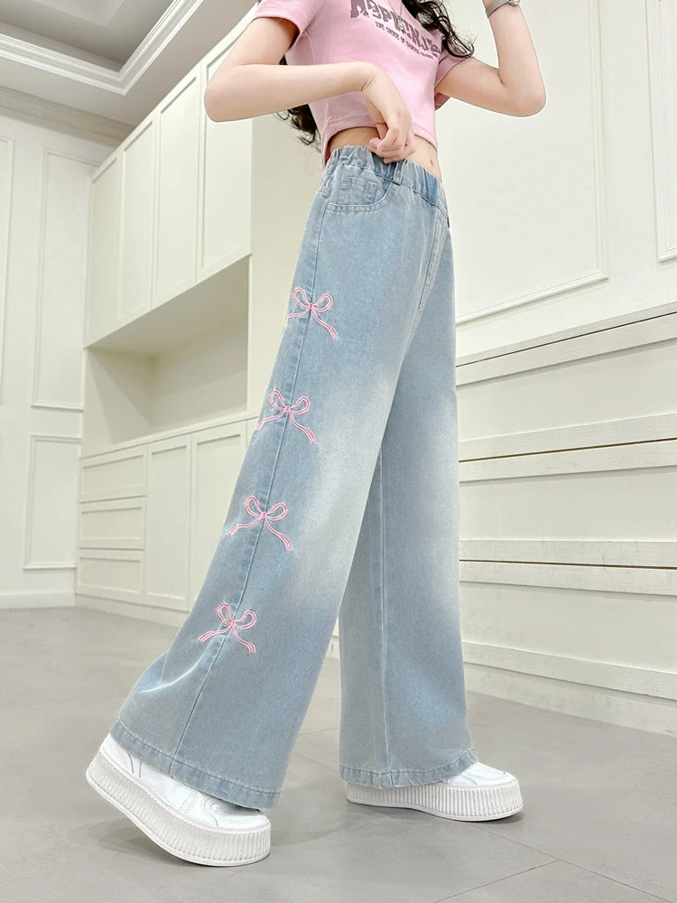 Autumn Kids Child Straight Jeans with Bows on The Side for Teens Girls Fashion Loose Fit Denim Pants Child Casual Jeans Trousers