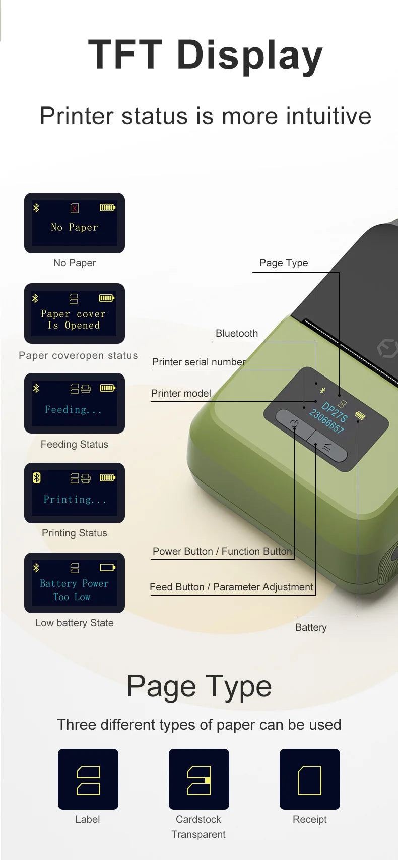 DETONGER DP27S 2inch Mini Thermal Printer No Ink Wireless Connect Compatible iOS Android for Home&Office Cable Sticker Printer