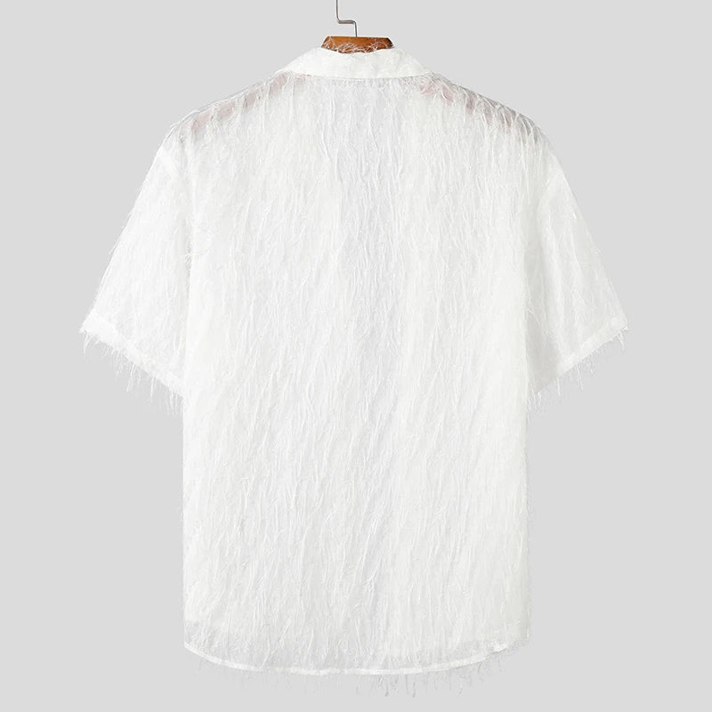 2024 Men Shirt Tassel Chiffon Transparent Lapel Short Sleeve Sexy Men Clothing Summer Streetwear Party Fashion Camisas INCERUN