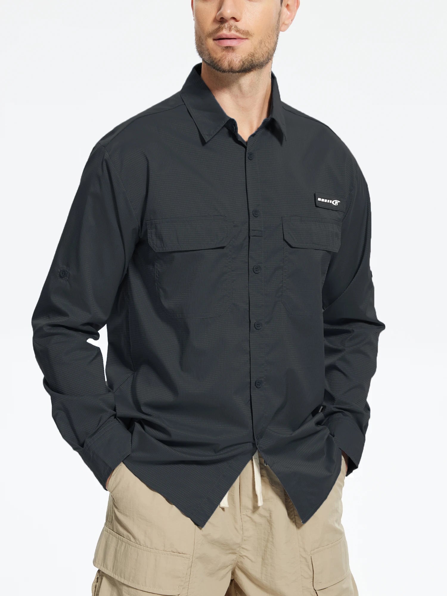 Men's UPF 50+ Long Sleeve Fishing Shirts, Rash Guard Casual Button Down Shirt with Breathable Mesh for Outdoor Fishing Camping