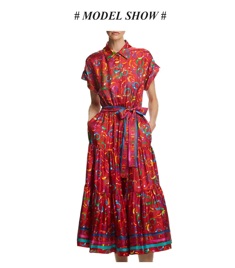 CHCH 2024 Women Elegant Floral Print Long Dresses Summer Midi V Neck Lace-up Dress Female Casual Short Sleeve Dress Vestidos