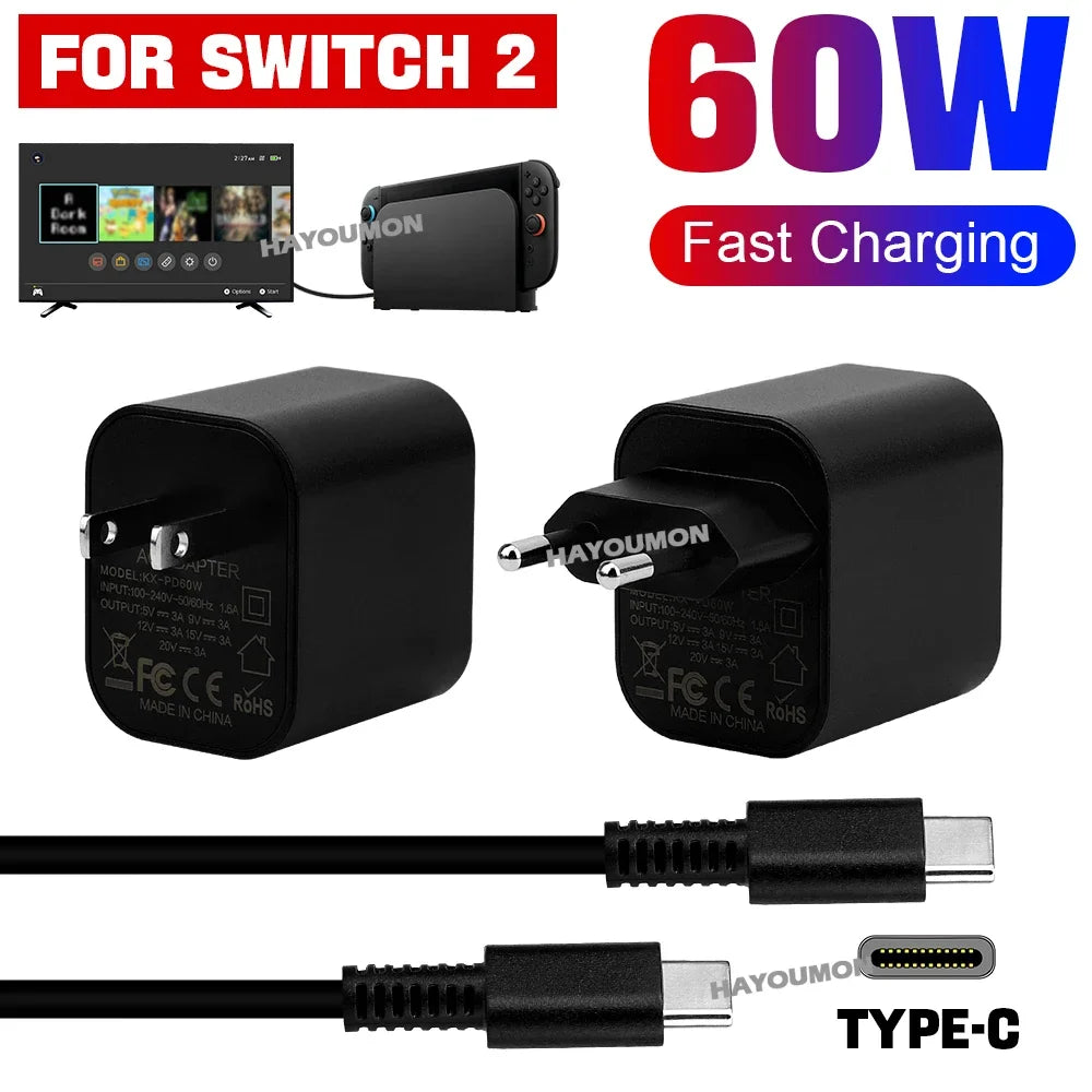 60W Type C AC Adapter For Switch 2 Fast Charger Power Supply Support TV Mode Wall Charger For Switch 2 Gaming Accessories