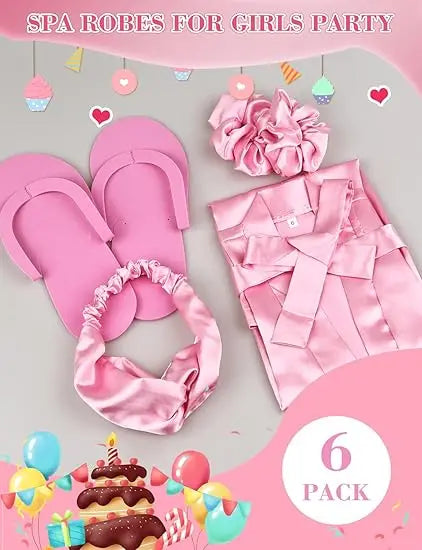 12 Pack Girls Kids Silky Satin Robe with Hair Band Slipper Hair Ring for Wedding Birthday Party Spa