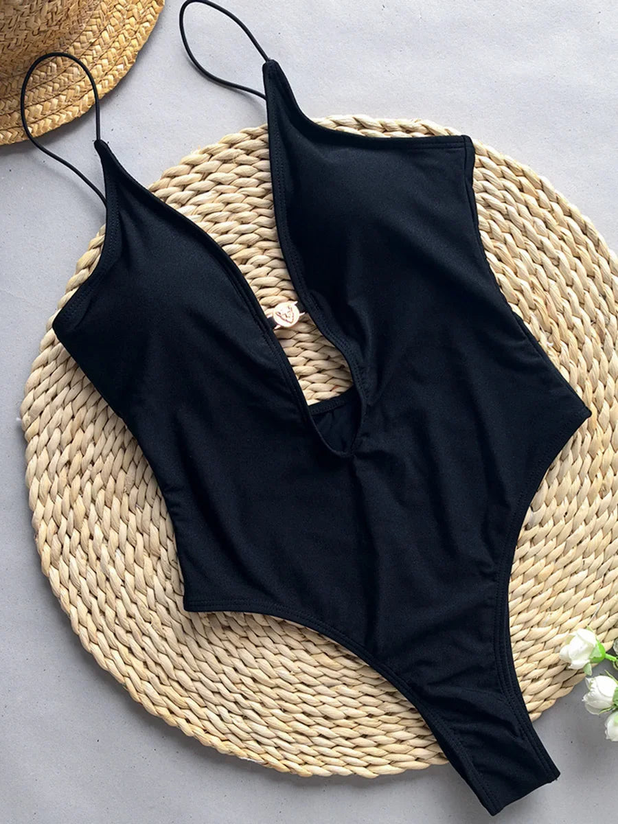 Sexy Deep V Neck Hollow Out One Piece Swimsuit Women Swimwear Female Backless Monokini High Cut Bather Bathing Suit Swim Lady