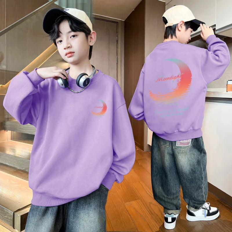 3-14 Years Boys Girls Sweatshirt Pullover Autumn Moon Graffiti Printed Long Sleeves T-Shirt Tops Korean Casual Kids Clothes 2025