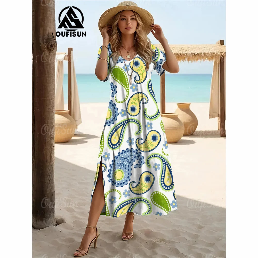 Elegant Womens Dresses Summer V-Neck Women's Clothing Vintage Woman Long Dress Fashions Evening Dress Loose Oversize Pullover