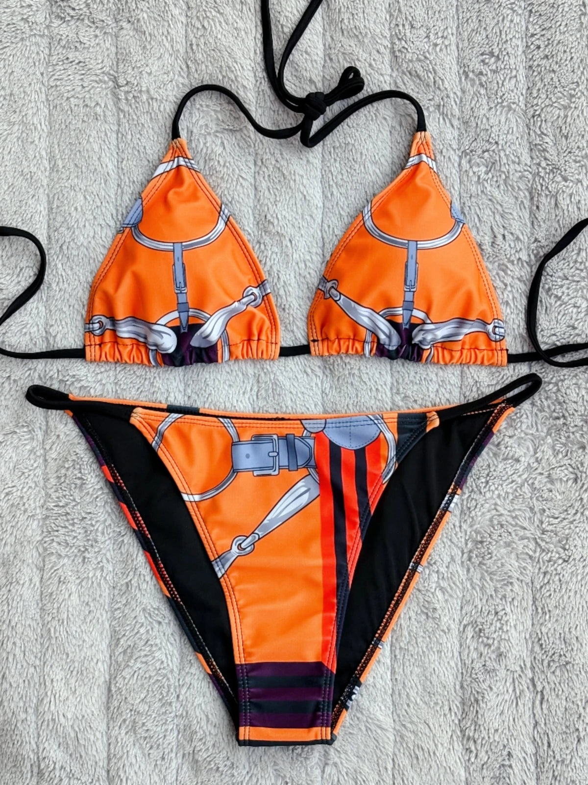 Luxury Sexy Orange Geometry Print Bikini 2 pieces Set Women Halter Elastic Thong Swimsuit Beach Bathing Suit Holiday Beachwear
