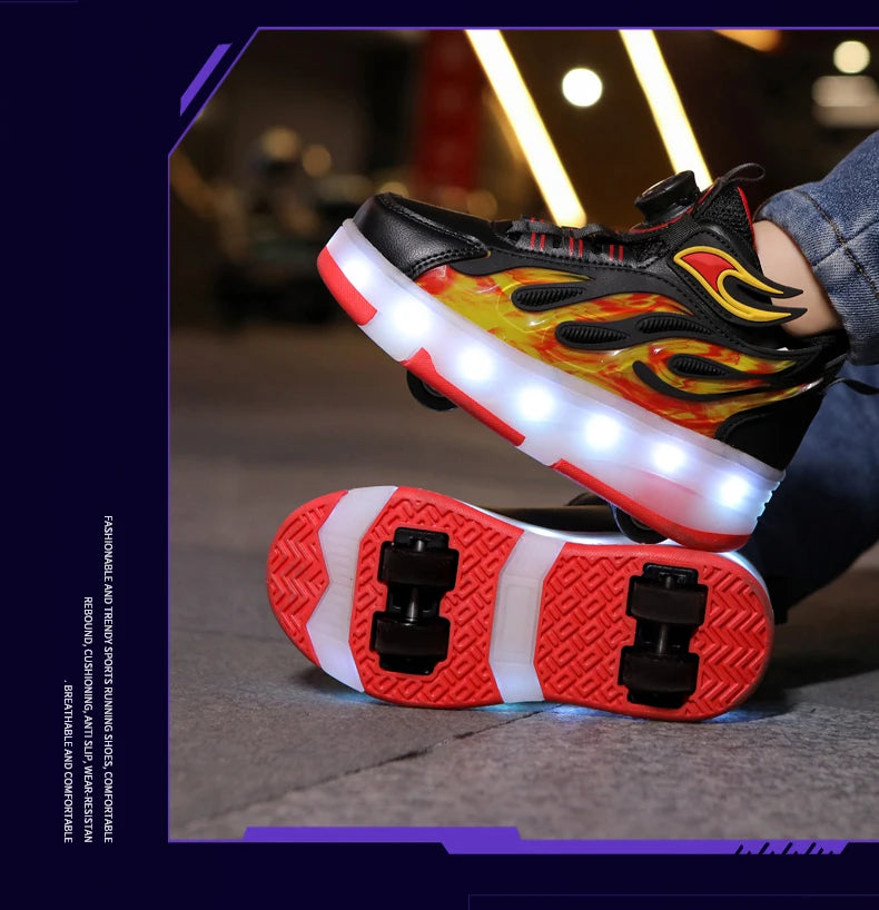 2025 New children's four-wheel novice light up rotary button automatic shrinkage fast walking shoes for boys sneakers
