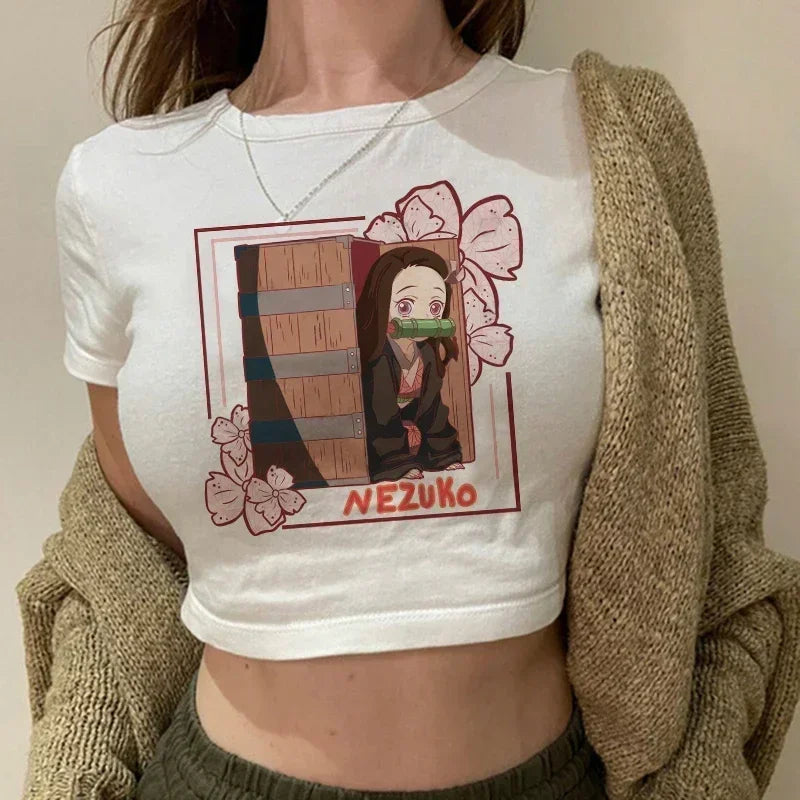 90s Manga Kimetsu No Yaiba Crop Top Demon Slayer T Shirt Women Y2k Nezuko Japanese Anime Tshirt Tanjirou Kamado Cropped Female