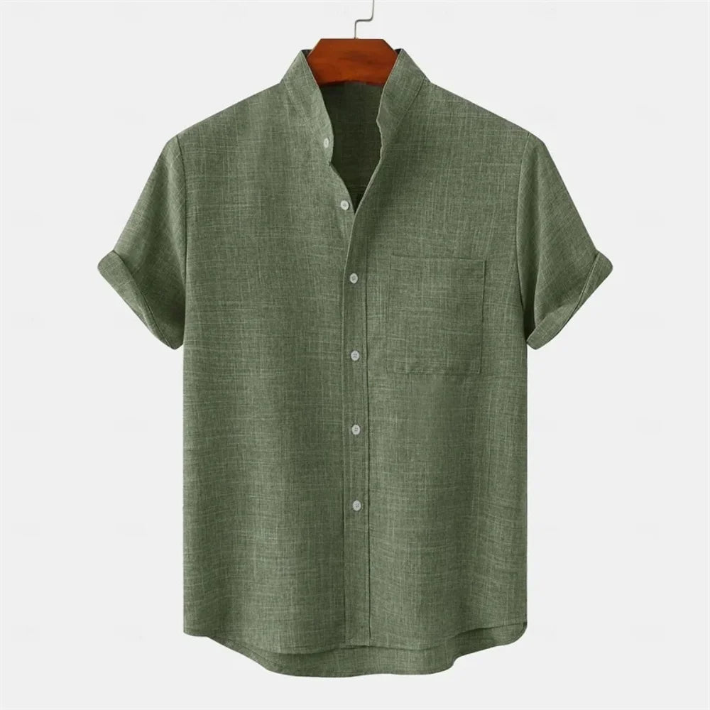 Summer new men's pure-color linen short-sleeved collared shirt - Casual enhanced version men's shirt - Fast shipping