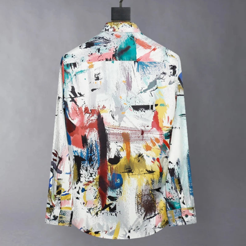 2025 Silk Shirt Men Fashion Graffiti Print Long Sleeve Casual Shirts Slim Social Streetwear Non Ironing Nightclub Stage Shirt