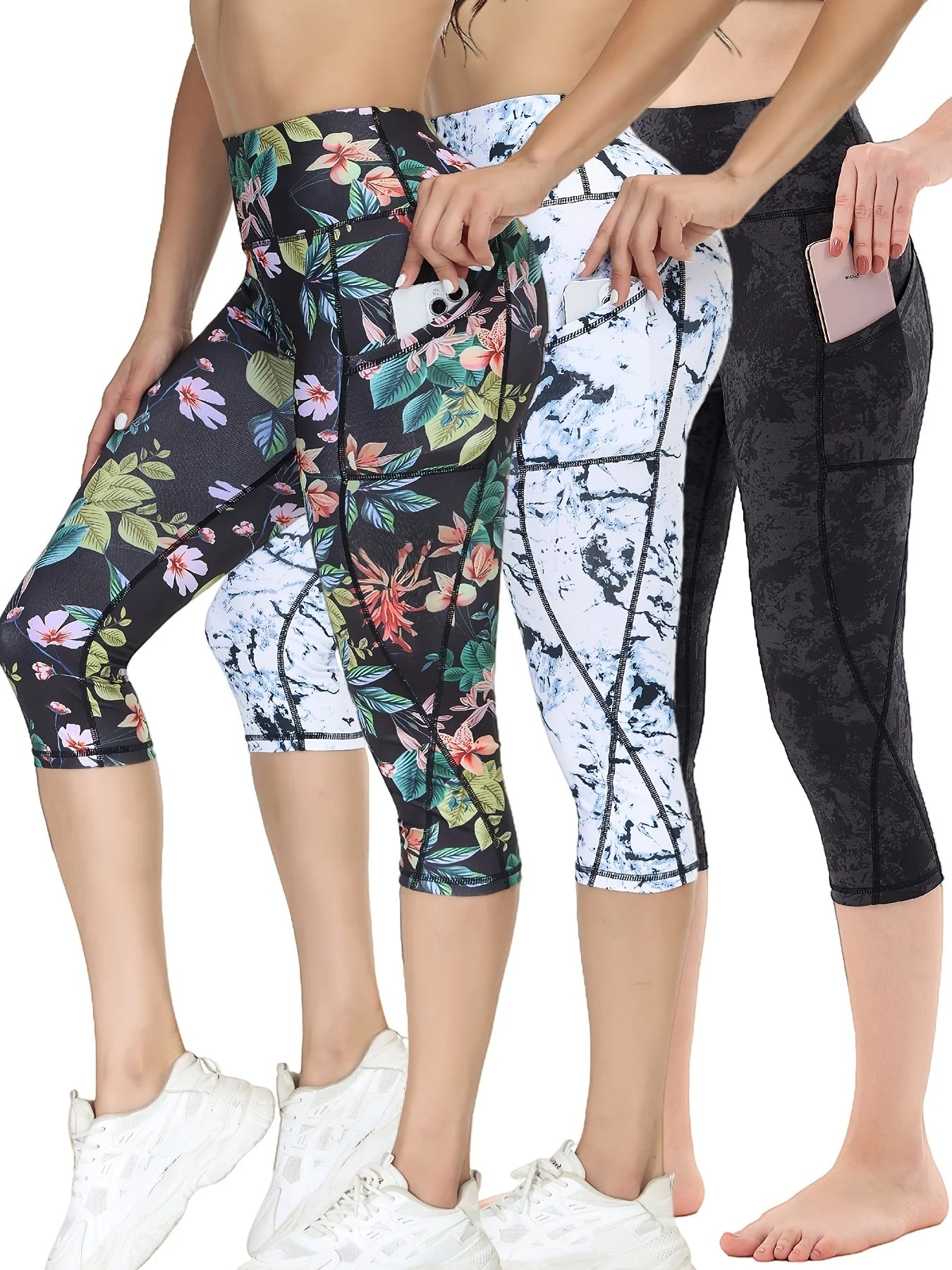 3pack Women's High Waisted Yoga Capris with Pockets Tummy Control Workout Sports Running Capri Leggings