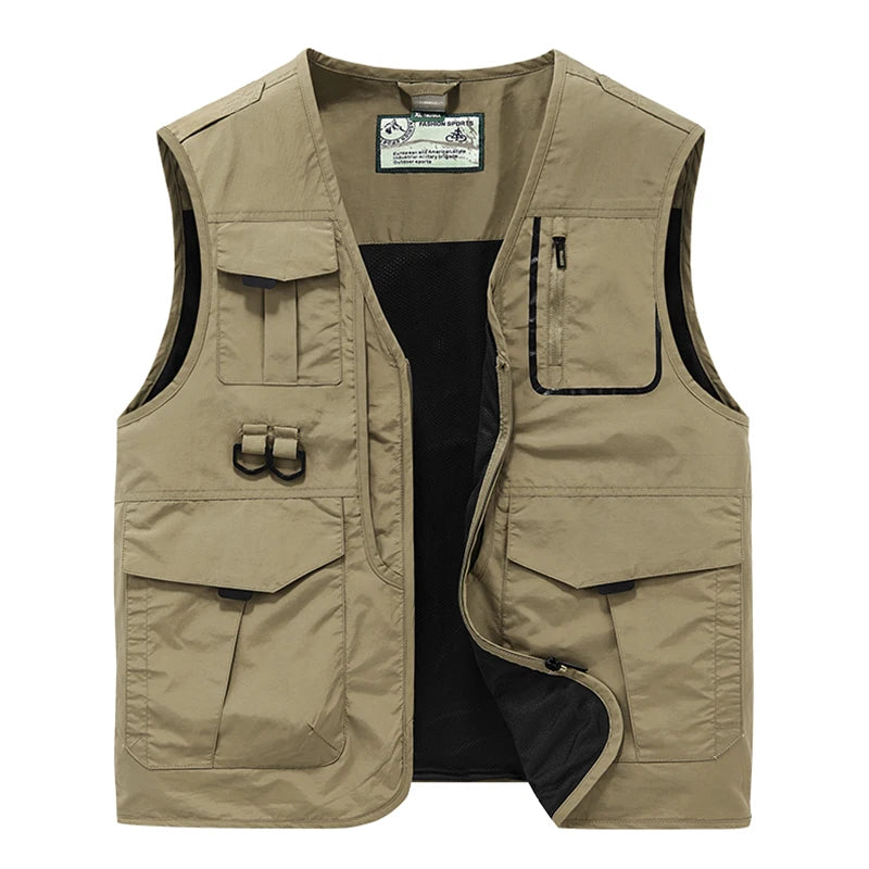 2024 Men Spring Sleeveless Many Pocket Stand Collar Vest Jackets Men Solid Color Outdoors Fishing Cargo Casual Vest Jackets Male