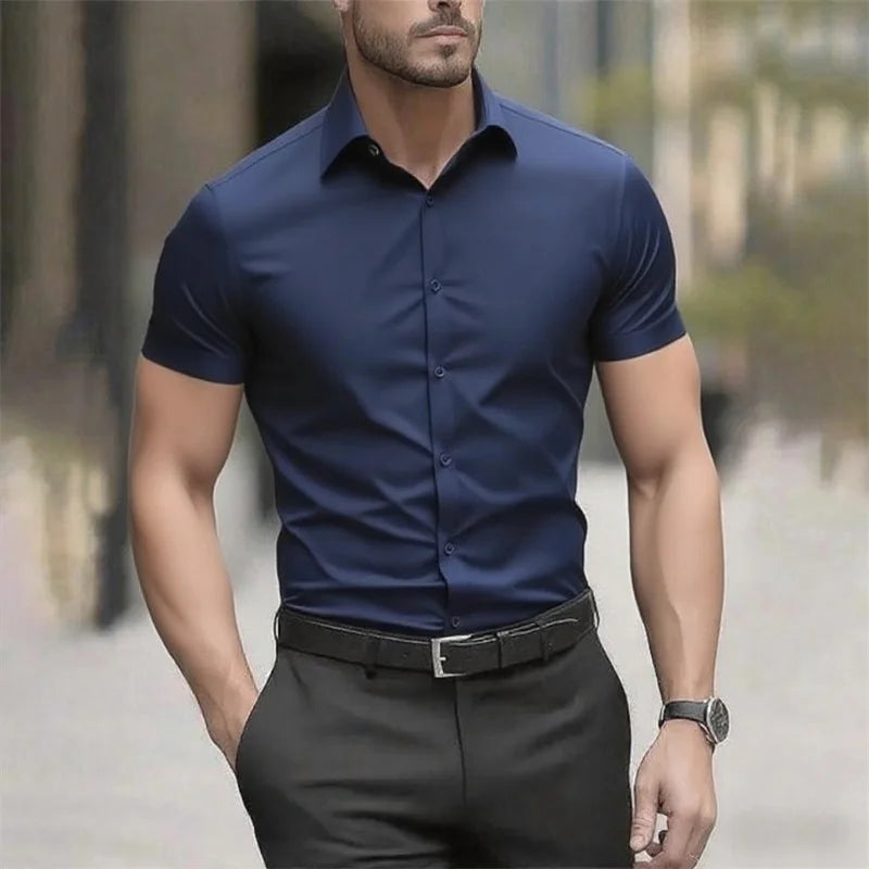Solid color men's shirt casual shirt, high quality solid color short sleeve stretch fabric, business formal shirt, XS-6XL size
