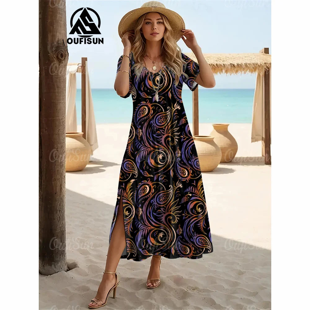 Elegant Womens Dresses Summer V-Neck Women's Clothing Vintage Woman Long Dress Fashions Evening Dress Loose Oversize Pullover