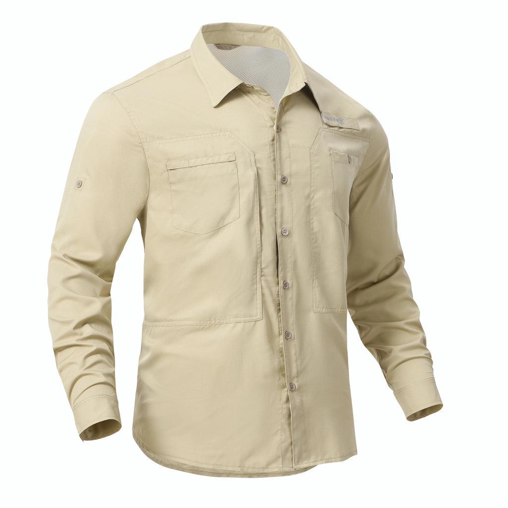 Summer Men's UPF 50+ Casual Long Sleeve Fishing Shirts, Lightweight Tactical Button Down Shirt with Breathable Back Mesh