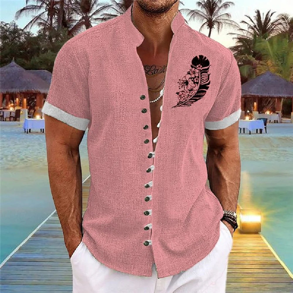 New men's linen short-sleeved shirt, with a fashionable retro style, ethnic motif printing, comfortable and breathable. Men's sh