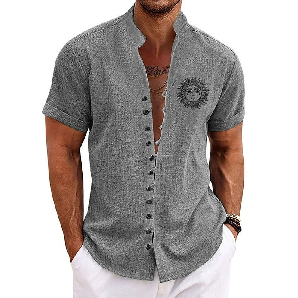 New men's linen short-sleeved shirt, with a fashionable retro style, ethnic motif printing, comfortable and breathable. Men's sh