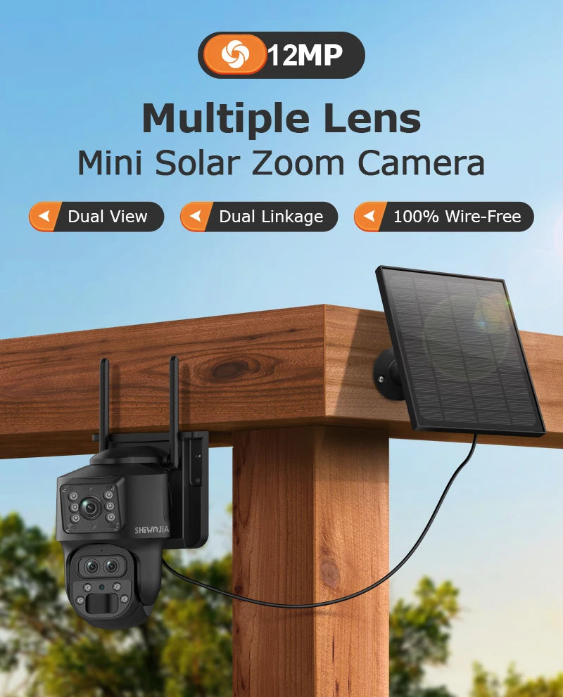 SHIWOJIA 15X ZOOM Solar Camera 4G 12MP Three Lens 360° View 5W Solar Panel Security Outdoor PTZ IP Camera 7800mAh Battery UBOX