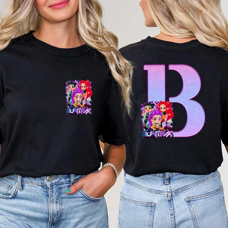 Fashion A-Z 26 Letter T-Shirts Kpop Demon Hunters Graphic Aesthetic Clothing Women T-Shirt Harajuku Female Clothing Y2k Tops