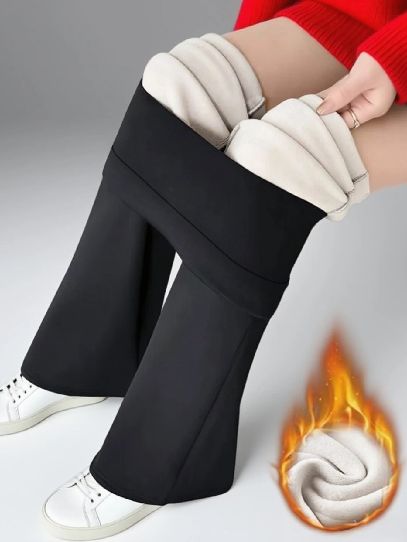 1 pair of women's black wool lined bell bottom pants - winter thick pants with plush lining, warm tight pants with plush lining