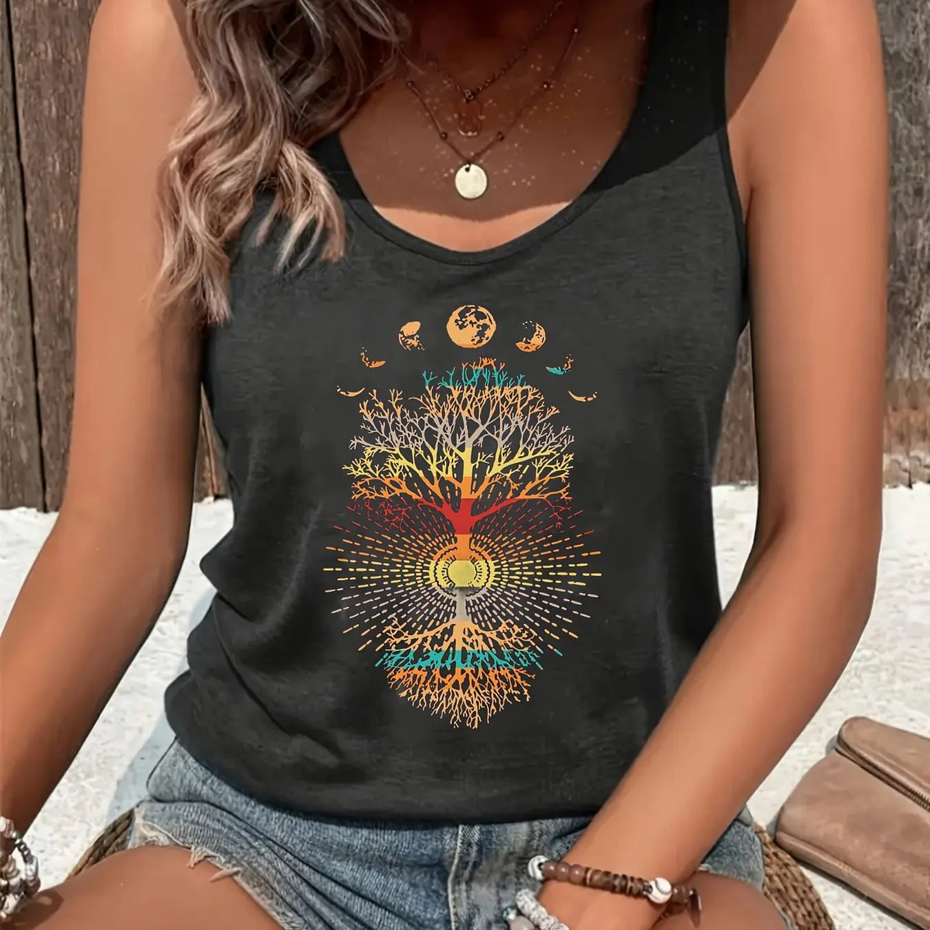 printed Summer women's loose and personalized dream catcher mesh printed vest top T-shirt comfortable sleeveless