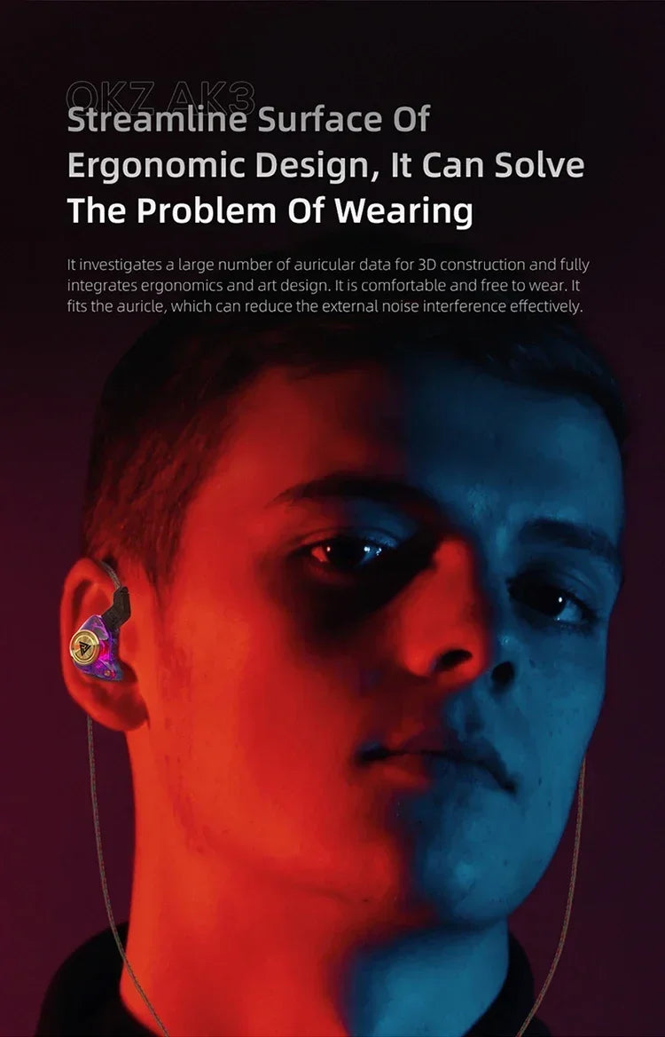 QKZ AK3 FiLe Wired Earphone Microphone HiFi Music Monitor Bass Headphones Noise Cancelling Headset for Sport  Gaming Accessories