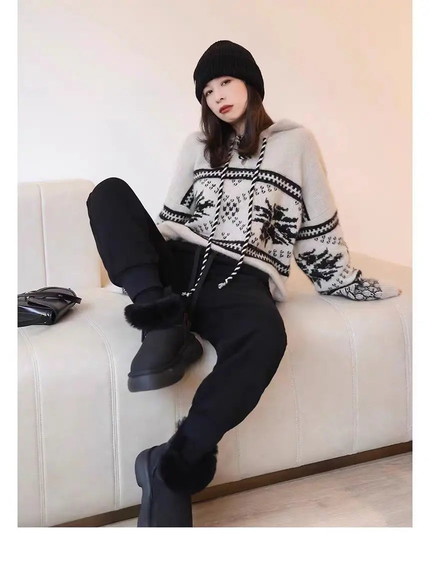 100% pure wool cashmere sweater women's 2024 autumn and winter new hooded collar pullover fashionable loose knit plus size top