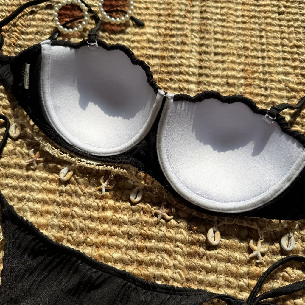 Shell Scalloped Wrinkled Underwired Bra Cup Bikini Female Swimsuit Women Swimwear Two-pieces Bikini Set Push Up Bathing Suit