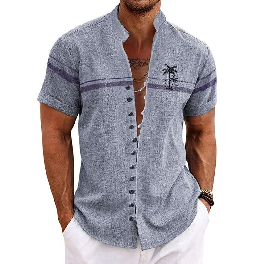 New men's linen short-sleeved shirt, with a fashionable retro style, ethnic motif printing, comfortable and breathable. Men's sh