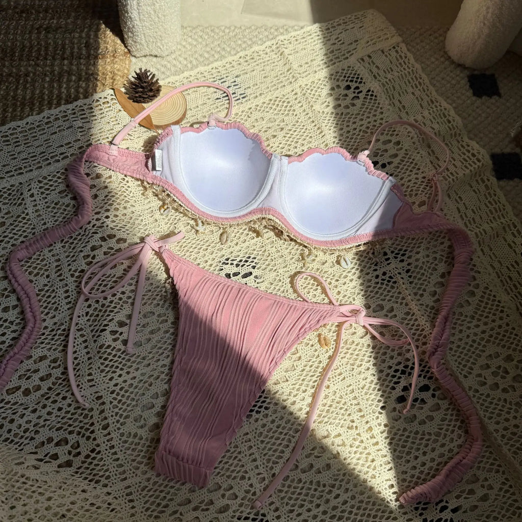 Shell Scalloped Wrinkled Underwired Bra Cup Bikini Female Swimsuit Women Swimwear Two-pieces Bikini Set Push Up Bathing Suit